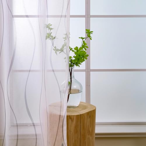 L.Z.E Cortinas Visillos Blancas y Grises para salón, Cortinas con Cinta Fruncida para Sistema de rieles, Transparente, para Dormitorio, Juego de 2 Unidades, Aspecto de Lino, Modernas, 245 cm de Largo