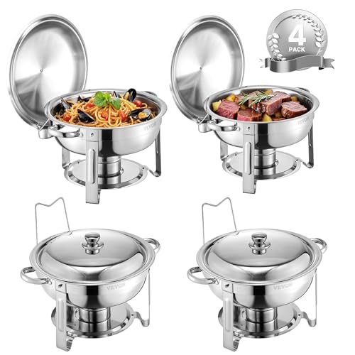 Comparison: Best Chafing Dish Set 11 VEVOR Chafing Dish Buffet Set, 5 Qt 4 Pack, Stainless Steel Chafer with 4 Full Size Pans, Round Catering Warmer Server with Lid Water Pan Folding Stand Clip, for Weddings Parties Banquets, Silver