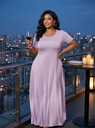 Image of SUZONANA Plus Size Maxi Dress for Curvy Women Summer Casual Sundress Short Sleeve Loose Vacation Dress