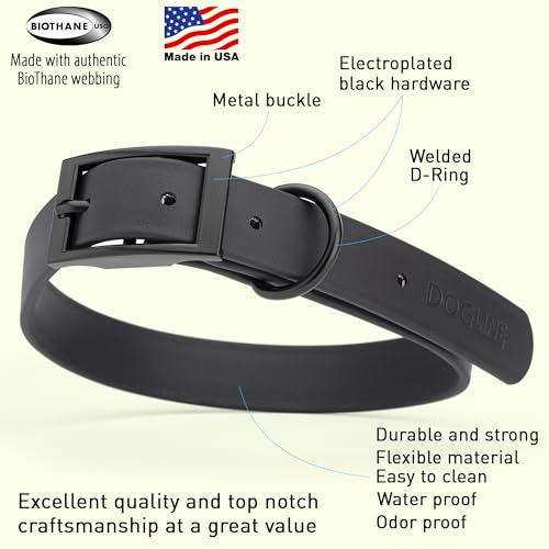 Image of Dogline Biothane Waterproof Dog Collar Strong Coated Nylon Webbing with Black Hardware Odor- Proof for Easy Care Easy to Clean High Performance Fits Small Medium or Large Dogs, Black