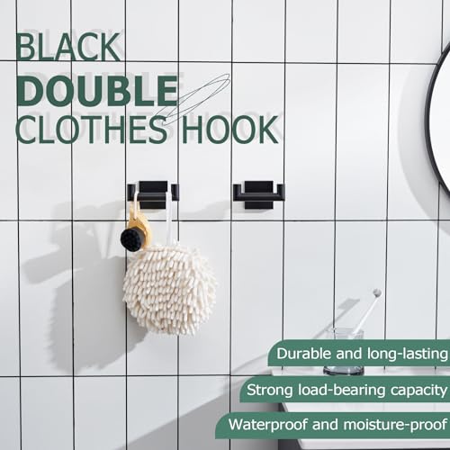 Image of KOKOSIRI Robe Hook Bathroom Double Towel Coat Hooks Matte Black for Bath Kitchen Wall Mounted, 2 Pack Stainless Steel B1015BK-P2