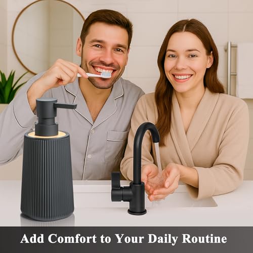 Image of Black Hand Soap Dispenser Set with Bamboo Decor and No Rust Pump for Bathroom and Kitchen Countertops Refillable Striped Matte Plastic 8.5 oz