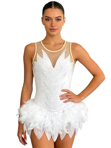 MSemis Maillot de Danza Ballet Mujer sin Mangas Body Gimnasia Rítmica con Plumas y Pedrería Brillante Vestido de Patinaje Sobre Hielo Maillot de Baile Latino Blanco XXL