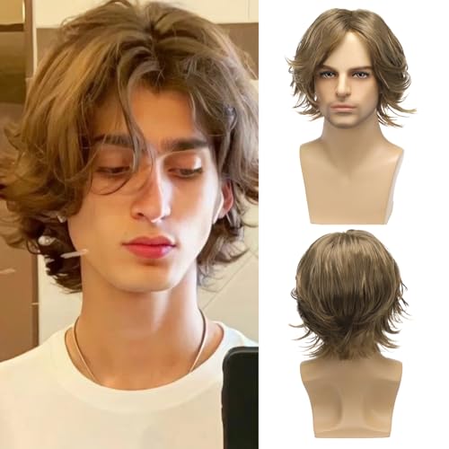 Daiaces Men Wigs Light Brown Short Layered Natural Wigs Synthetic Heat Resistant Hair Daily Cospaly Party Halloween Male Wig