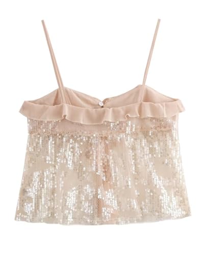 Lunoakvo Women Chic Sequined Pleated Ruffle Tank Top Backless Crop Spaghetti Strap Chiffon Sling Camisole2