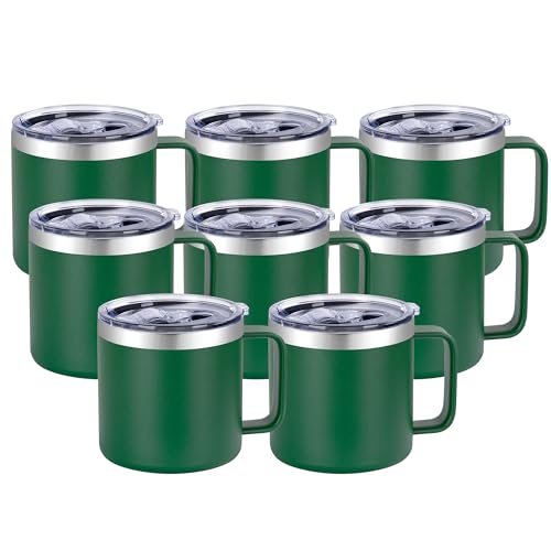VEGOND 14 oz Insulated Coffee Mug Bulk with Handle, Stainless Steel Travel Coffee Mug with Lid, Double Wall Vacuum Metal Coffee Cup, Coffee Tumbler Powder Coated, Dark Green 8 Pack