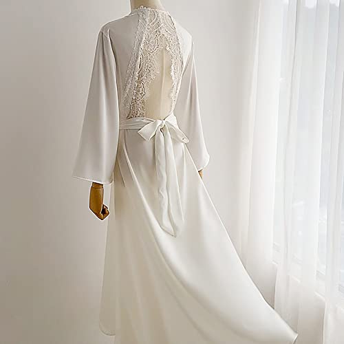JYMEI Damen Morgenmäntel Kimono Satin in voller Länge,Sexy Lace Beauty Back Bademantel Satin Roben,Brautjungfer Hochzeit Nachtwäsche Kimono Negligee Pyjamas für Hotel Bride Party oder Brautparty Cover