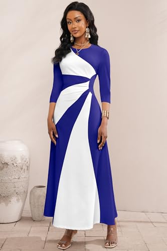 Image of Runwind Maxi Dress for Women with Ruched Waist - Semi-Formal 3 /4 Sleeve Crew Neck Long Dresses for Wedding Guest & Church