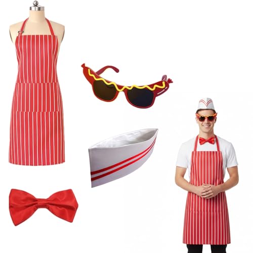 PMELCXD Ensemble de Cuisine rétro années 50, avec Tablier à Rayures Rouges et Blanches, Toque de Chef, nœud Rouge Ajustable et Lunettes de Hot Dog, Parfait pour Les fêtes à thème et la Cuisine