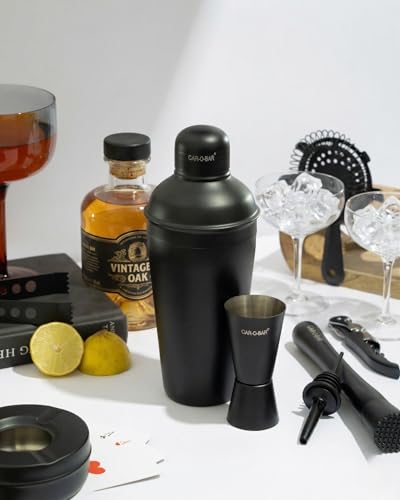 Image of Car-O-Bar Black Bar kit with Stand | Bar Set for Home - 10 Piece Bartender Kit :Cocktail Shaker, Bar Spoon, Jigger, Muddler, Strainer, Wine & Beer Bottle Opener, 2 Pourers,Tong, Wooden Stand