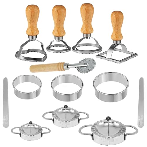 Dumpling Maker Kit, Set of 13 Ravioli Maker Cutter with Roller Wheel and Handle 3 Sizes Dumpling Press with Dough Cutter Stuffing Spoon Empanada Maker Press Set for Ravioli Pasta Dumplings