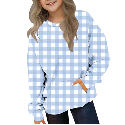 Girls Casual Plaid Crewneck Sweatshirt Long Sleeve Loose T-Shirts Kids Pullover Tee Tops with Pocket for Boys 2-12 Years