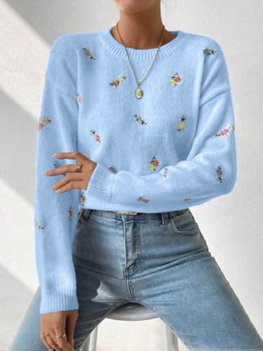 chouyatou Women's Ditsy Floral Embroidered Pullover Sweater Color Block Loose Fit Knit Jumper Tops4
