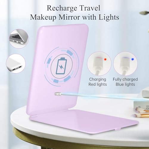 Image of FUNTOUCH Rechargeable Travel Makeup Mirror Lights, Portable 72 Led Lighted Makeup Mirror, 3 Color Lighting, Dimmable Touch Screen, Type C, Tabletop LED Folding Cosmetic Vanity Mirror-Purple