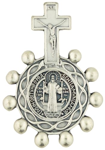 Image of VILLAGE GIFT IMPORTERS Saint Benedict Silver-Tone Saint Benedict Rosary Ring | Great for First Holy Communion and First Holy Confirmation | Religious Medallion for Jewelry and Home