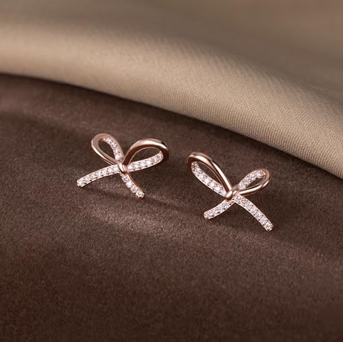 Reffeer Solid 925 Sterling Silver Bow Studs Earrings for Women Teens CZ Bow Post Studs Earrings4