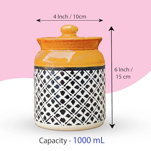 D'Maiolica HandPainted Ceramic Salt Jars 1000 ML (Set of 2) | Pottery Martban 1000 ML Set of 2 | Round Achaar Barni | Achaar Jar 1 KG | Ceramic Pickle Jar 1000g (Off-White)