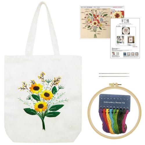 Image of YANGSHINE Canvas Tote Bag Embroidery Kit for Beginners, Arts and DIY Crafts Kits with Pattern for Adults, Include Stamped Flower Pattern, Hoop, Color Threads and Tool (Beige Bag, Flower #2)