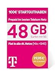 Telekom MagentaMobil Prepaid 5G Jahrestarif SIM-Karte I 48 GB Datenvolumen (4 GB/Monat) & Flat (Min, SMS) in alle dt. Netze + EU-Roaming I Surfen mit 5G/ LTE Max & Hotspot Flat I 100 EUR Startguthaben