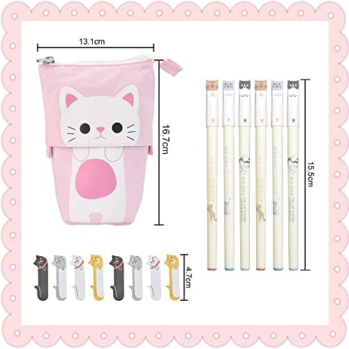 CODIRATO Cartoon Cute Cat Stationery Pencil Set 1 Canvas Cat Telescopic Pouch Bag 6 Cat Design 0.38 mm Black Gel Ink Pens 240 Cat Notes Page Flags Cute Cat Pencil Case Kawaii Cat Pen for School Office