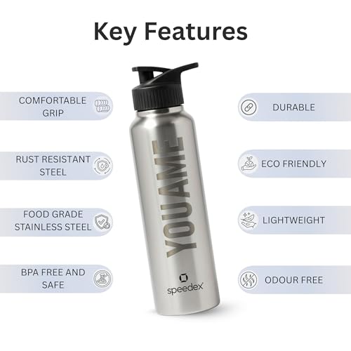 Image of Speedex Customised Stainless Steel Water Bottle 1 Ltr with Name - Personalised Engraved Sipper Cap Bottle for Kids, Men & Women, School, Gym, Office Silver, Set of 1
