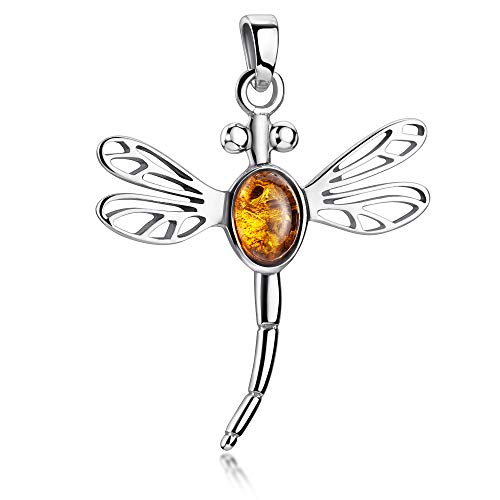 MATERIA 925 Silber Kettenanhänger Libelle 25x34mm - Damen Anhänger Bernstein für Halskette #KA-39