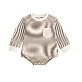 Gobuuly Baby Sweatshirt Romper Boy Girl Waffle Knit Long Sleeve Striped Romper Oversized Sweater Newborn Fall Winter Clothes(Khaki A,6-12 Months)
