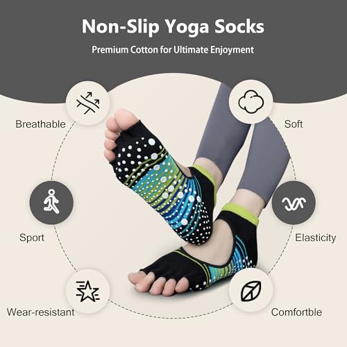 Womens Pilates Yoga Toe Socks with Grips Non Slip Cushioned Crew Socks Mid Calf for Barre Ballet
