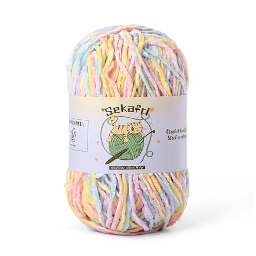 Image of Fuzzy Chenille Yarn for Crocheting, Fluffy Amigurumi Crochet Yarn for DIY Craft /Hat /Shoes, (100g /197yds) Soft Velvet Baby Blanket Yarns(Macaron)