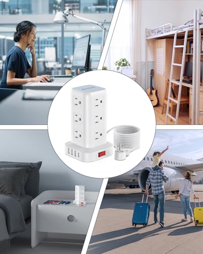Regleta eléctrica AnnTane con cable de 10 pies, torre con 4 puertos USB (1 USB C), 12 salidas AC miniatura 6
