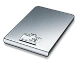 Extra fina (aprox. 1.8 cm) Beurer KS35 - Balanza de Cocina de diseño ultraplano (1.8 cm), medición 3kg/1 gr, Temporizador, Superficie Anti-Huellas, Color Plateado