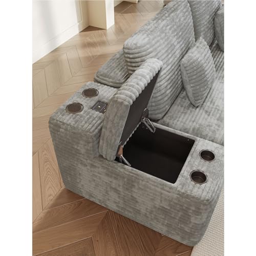 Image of KEIKI 150 inch U-Shaped Oversized Corduroy Modular Sectional Sofa with 2 Ottomans and Multi Functional Console, 6-Seater Upholstered Couch with USB and 2 Cup Holder, Easy Assembly, for Living Room, Grey