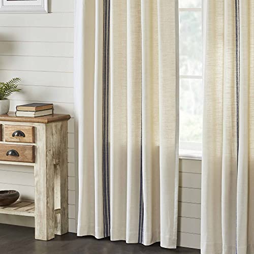 Market Place Blue Grain Sack Stripe Panel Curtains, Set Of 2, 84" Long, Farmhouse Style Blue & Natural Cream Window Drapes #TOP4