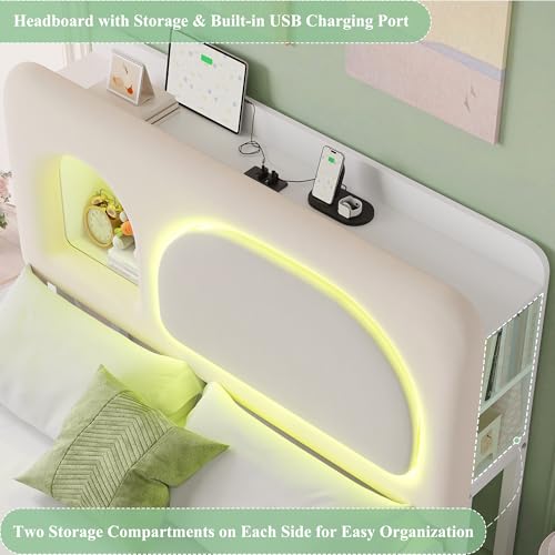 Image of Keyluv Full Size LED Bed Frame with Storage Bookcase Headboard, Charging Station, Velvet Upholstered Platform Bed with 2 Drawers & USB Ports, Sturdy Metal Support, No Box Spring Required, Beige