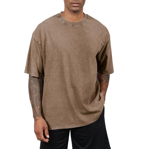 Fkatuzi Oversized Cotton Solid T Shirts for Men Vintage Acid Wash Tshirt Streetwear Basic Tees Baggy Loose Unisex Tops (Coffee,XL,X-Large)