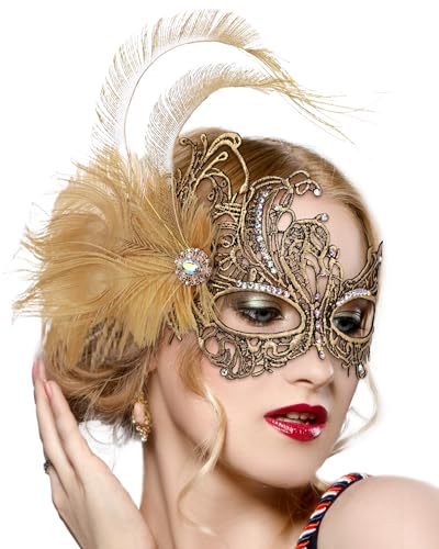 Zinniday Gold Feather Masquerade Mask - Halloween Lace Eyemask with Removable Peacock Feathers 1920s 50s Venetian Party Masks for Women Lady Couples Renaissance Cosplay Prom Dress Up