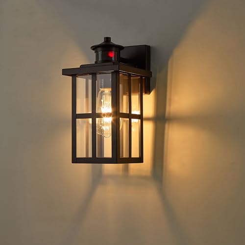 Image of MICSIU Bronze Motion Sensor Outdoor Wall Light 2 Pack, 11.75 inch Farmhouse | 3 Modes Dusk to Dawn Exterior Wall Sconce, Clear Glass Anti-Rust Porch Light for House, Garage