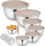 Mixing Bowls with Airtight Lids for Kitchen, 7 Piece Stainless Steel Metal Nesting Storage Bowls, 3 Grater Attachments, Size 4.5, 3.6, 2.7, 2.1,1.7, 1.1,0.7QT for Mixing, Baking & Serving Food