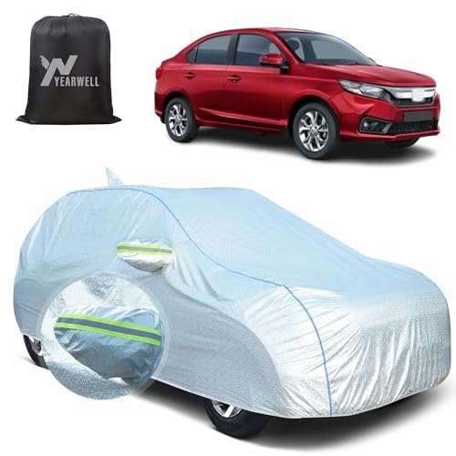Image of Car Body Cover for Honda Amaze (2024-2025), 100% Waterproof, Heat-Resistant with Mirror & Antenna Pockets, Soft Cotton Lining, Triple Stitched, Green Reflector (Reflective Silver)
