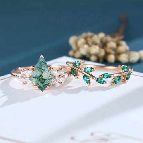10K 14K 18K Rose Gold 2CT Natural Moss Agate Engagement Ring Set 925 Sterling Silver Oval/Hexagon/Kite/Marquise Cut Gemstone Genuine Green Moss Agate Bridal Wedding Ring Set for Women Size 4-123