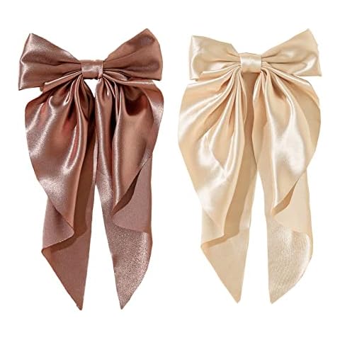 Golden Apple 2Pcs Super Big Bow Hair Clips French Style Soild Color Knotted Bowknot Spring Snap Barrettes Hair Clips with Long Ribbon for Women Girls (Champagne+Brown) Cover