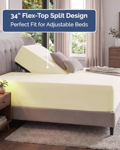 Image of Extra Deep Flex Top Split Head King Fitted Sheet - Hotel Luxury Single Fitted Sheet Only - Easily Fits 18 inch to 24 inch Mattress - Ultra Soft, Wrinkle Free w /Extra Deep Pockets - Off White