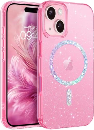 Image of mobistyle Magnetic for iPhone 13 Case, Clear Crystal Glitter 13 Phone Case Compatible with MagSafe, Shockproof Sparkly Cute Women Girl Cover for iPhone 13, Hot Pink Glitter