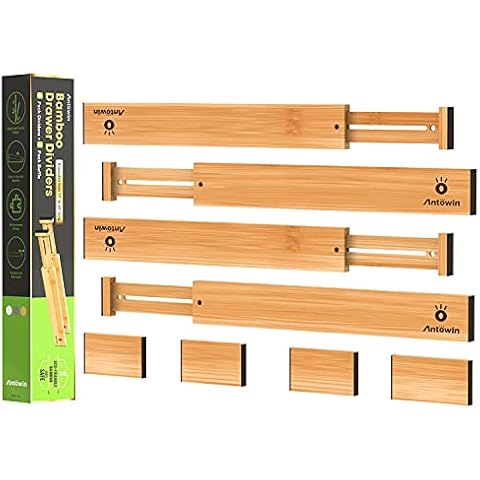 ANTOWIN Bamboo Drawer Dividers Organizers, Drawer Separators Splitter, 43-56 cm Long Adjustable Spring-loaded Organizer for Large Utensil, Clothes, Tools Drawers Cover