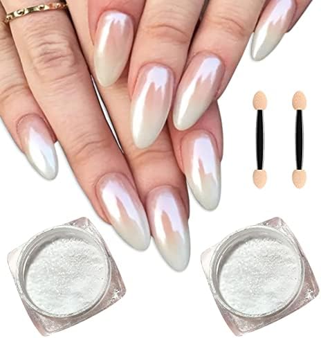 2Pcs White Pearl Chrome Nail Powder, Pearlescent White Nail Art Jewelry Glitter Powder Symphony Mermaid Pearl Neon Nail Powder, The Powder Is Fine & Shiny, Healthy & Long-lasting for Nail Art Products