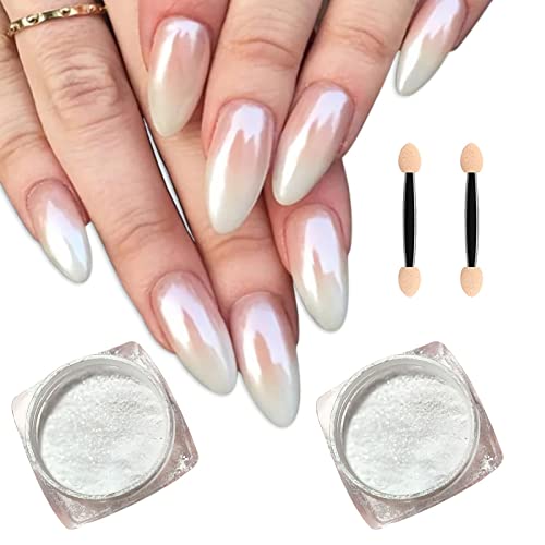2Pcs White Pearl Chrome Nail Powder, Pearlescent White Nail Art Jewelry Glitter Powder Symphony Mermaid Pearl Neon Nail Powder, The Powder Is Fine & Shiny, Healthy & Long-Lasting For Nail Art Products #TOP1