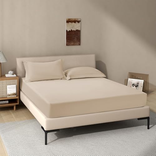 Image of Khaki Fitted Sheet,Twin Size Taupe Fitted Sheet with Deep Pocket 18 inch,Ultra Soft & Breathable FittedSheet Easily Fits 18 inch to 24 inch Mattress