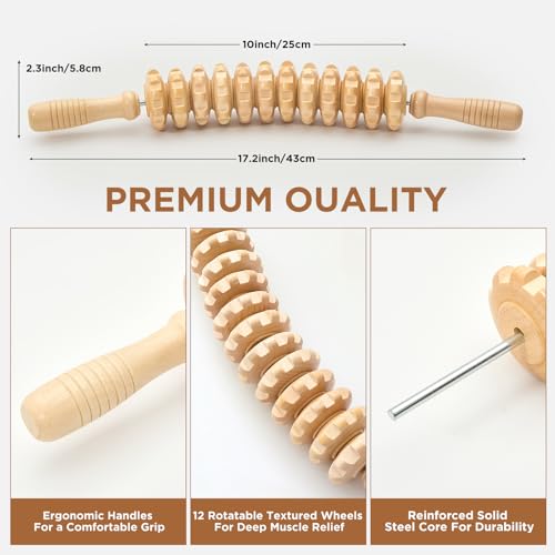 MZDXJ Wooden Cellulite Massage Roller for Legs and Thighs - Handheld Fascia Blaster Tool for Muscle Relief, Lymphatic Drainage & Body Sculpting - Anti Cellulite Massager for Women and Men (12 Wheel)