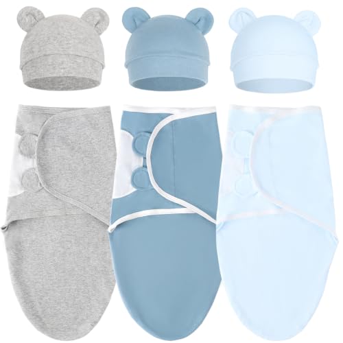 Image of DRESHOW BQUBO 3 Pack Newborn Baby Swaddle Blanket with Hats Infant Adjustable Velcro Swaddling Wraps with Bear Ears Cap for 6-12 Lbs Newborns & 0-3 Months Girls Boys