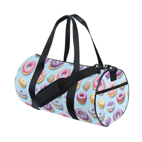 Donut Macarons Sports Duffel Bag Multi-Pocket Barrel Gym Bag with Adjustable Strap Full Print Polyester Fabric and Microfiber Leather Trim for Workout Travel and Sports3